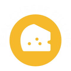 A minimalist yellow icon of a cheese wedge with holes inside a yellow circle on a white background.